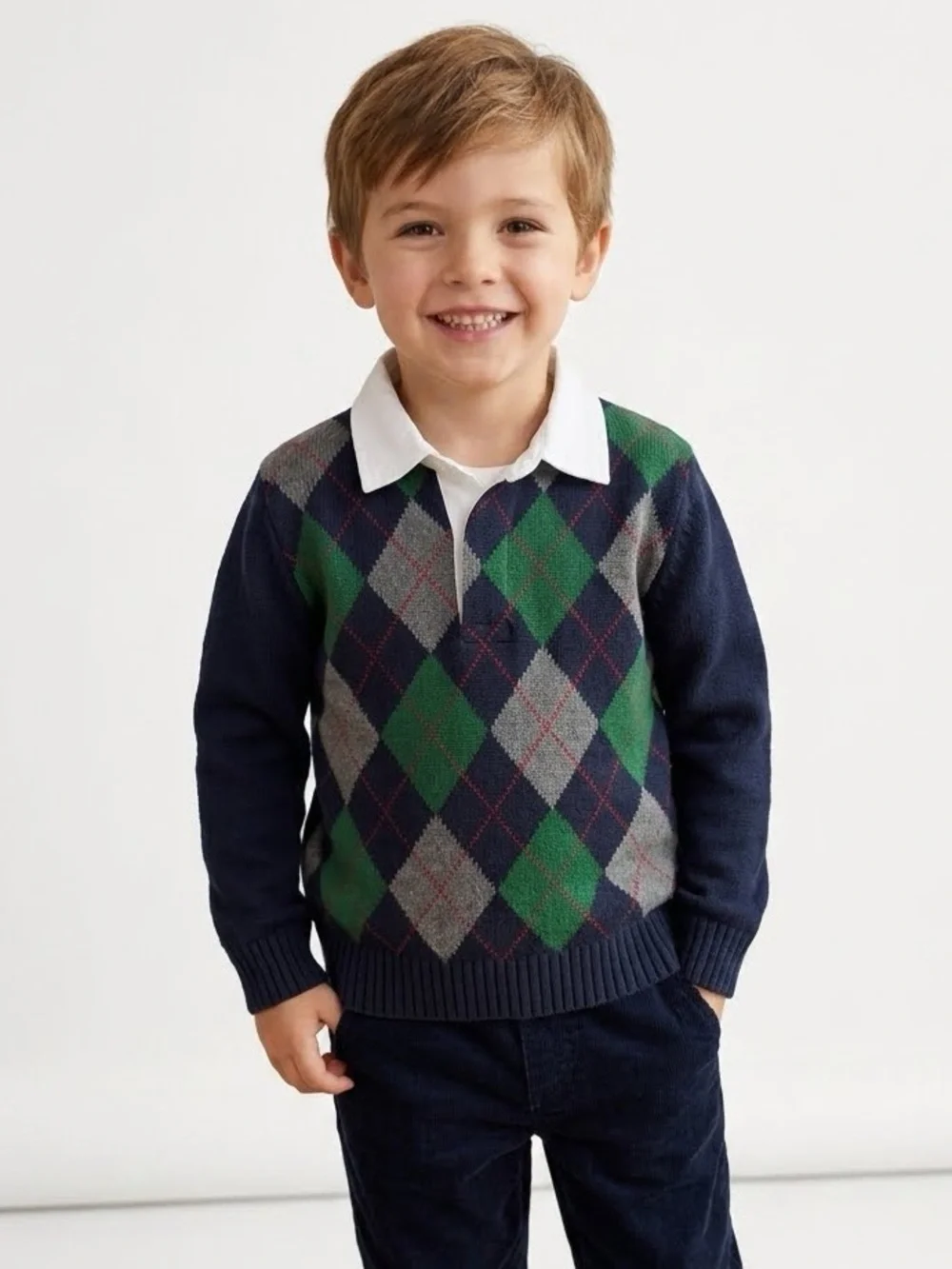 Gymboree polo sweater argyle 5/6Y navy green